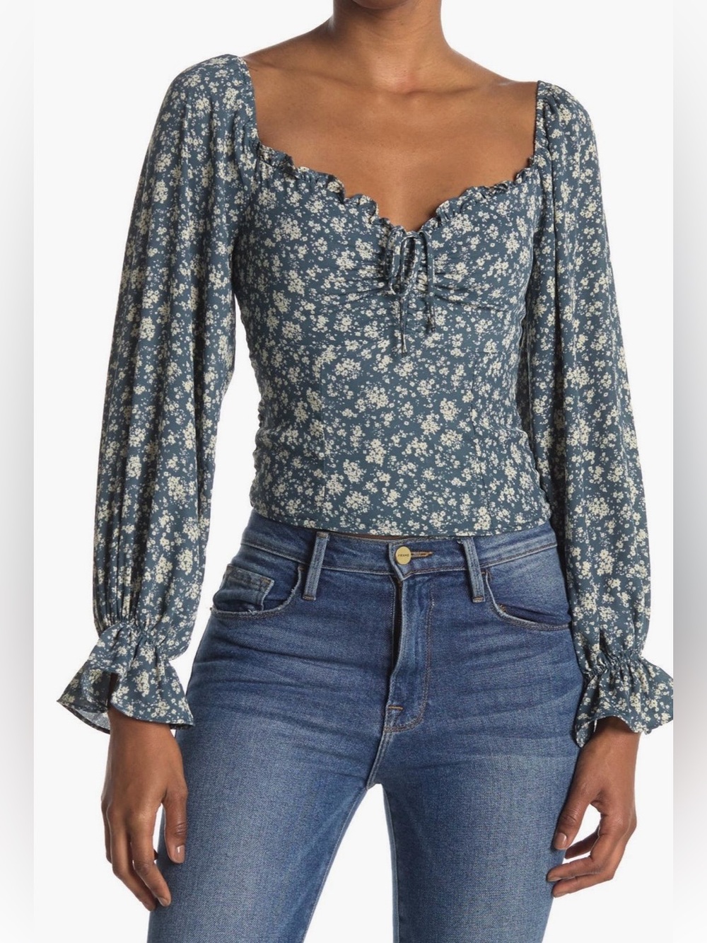 ASTR the Label Floral Long-Sleeve Ruffle Top Blue